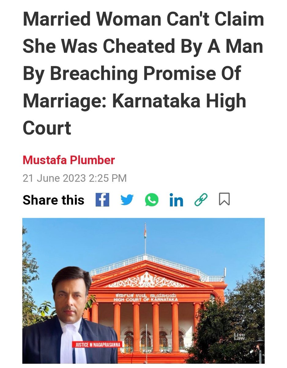 APPALLING: Married woman with 20 year old daughter drags young man to court under #498A when they're not even married. She says since the man had a brief affair with her he needs to maintain her and her daughter. 

Karnataka High Court quashes case. Takes no action against woman