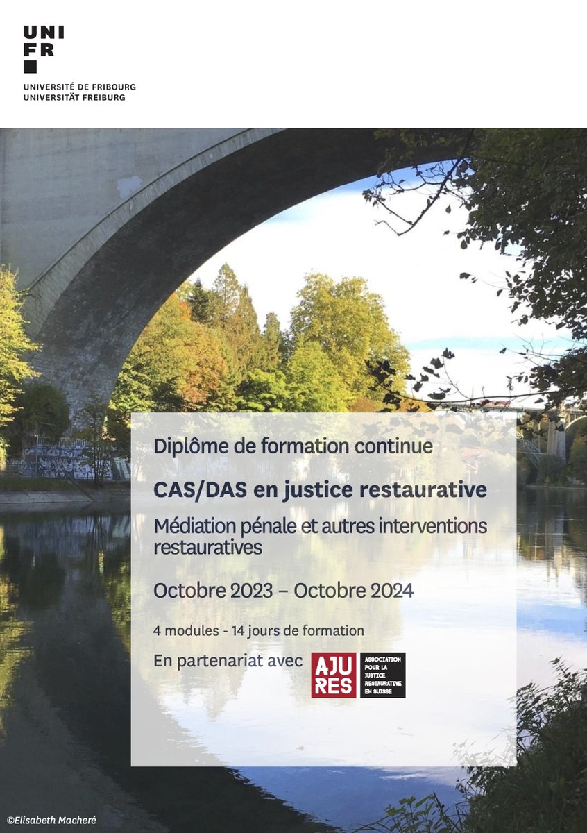 Le CAS/DAS en justice restaurative s'adresse aux médiateurs et médiatrices FSM (ou formation équivalente) désirant se spécialiser en interventions restauratives et en médiation pénale.
Info &amp; Inscription: unifr.ch/formcont/fr/fo…
#formationcontinue #unifr