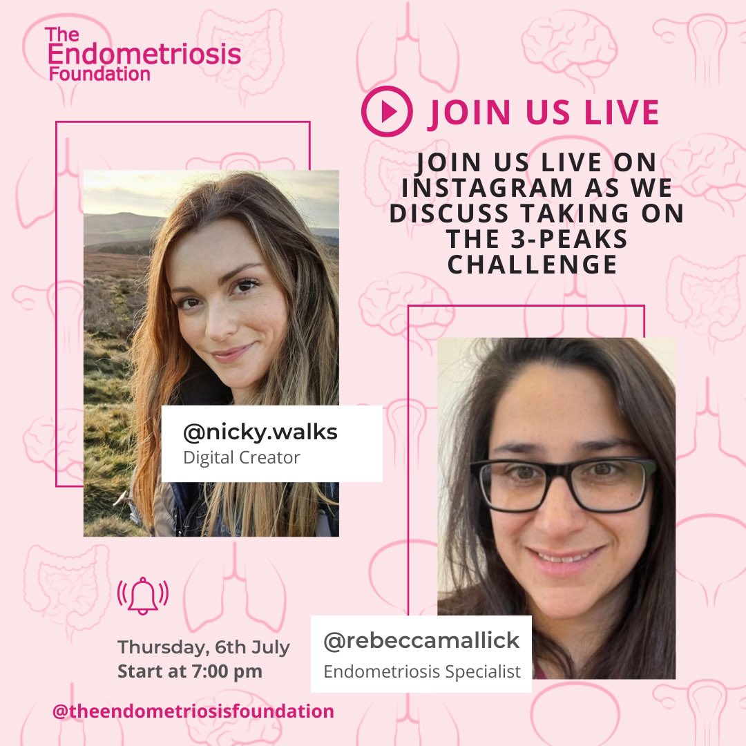 Join us live on Instagram on Thursday, July 6th @ 7pm as we chat to Digital Creator Nicky and Dr @rebeccamallick about all things #endometriosis, fundraising, and their mega challenge as they take on the national 3-peaks in support of @theendofound 💛 @theendometriosisfoundation