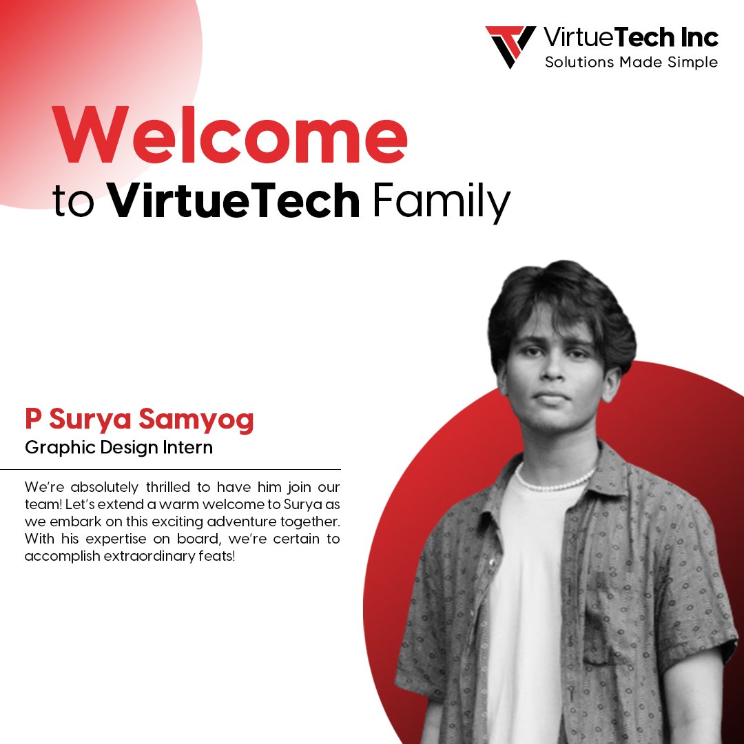 Welcome to the team, P Surya Samyog !

We are thrilled to have you on board at VirtueTech Inc.. Looking forward to your valuable contributions and the amazing things we'll achieve together.

#Welcome #NewJoinee #TeamworkMakesTheDreamWork