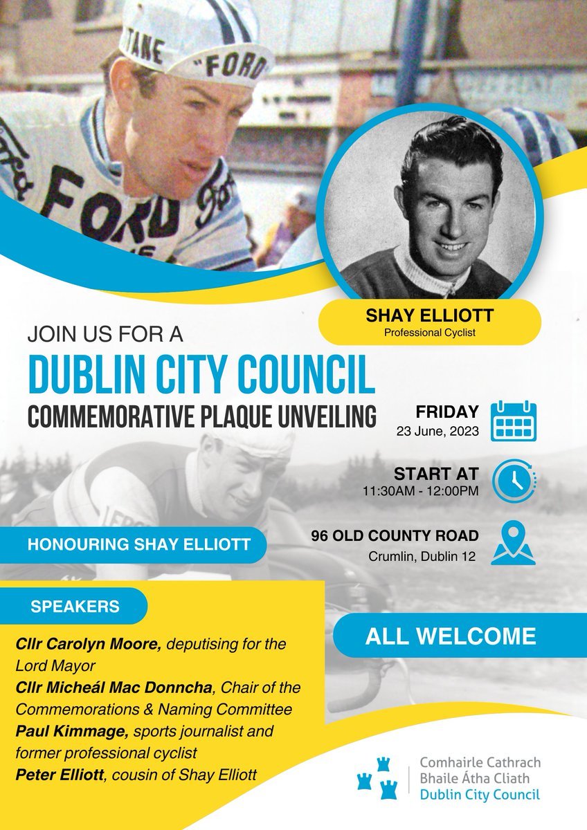 Martin Dwan (@martindwan) on Twitter photo Join us tomorrow on Old County Road, Crumlin, to celebrate the life and legacy of Shay Elliott. This Sunday, the 25th of June, marks the 60th anniversary of Shay winning the third stage of the Tour de France and taking the overall lead. <a href="/LordMayorDublin/">Lord Mayor of Dublin</a> <a href="/RTEsport/">RTÉ Sport</a> <a href="/PhilLiggett/">Phil Liggett</a> Join us tomorrow on Old County Road, Crumlin, to celebrate the life and legacy of Shay Elliott. This Sunday, the 25th of June, marks the 60th anniversary of Shay winning the third stage of the Tour de France and taking the overall lead. <a href="/LordMayorDublin/">Lord Mayor of Dublin</a> <a href="/RTEsport/">RTÉ Sport</a> <a href="/PhilLiggett/">Phil Liggett</a>