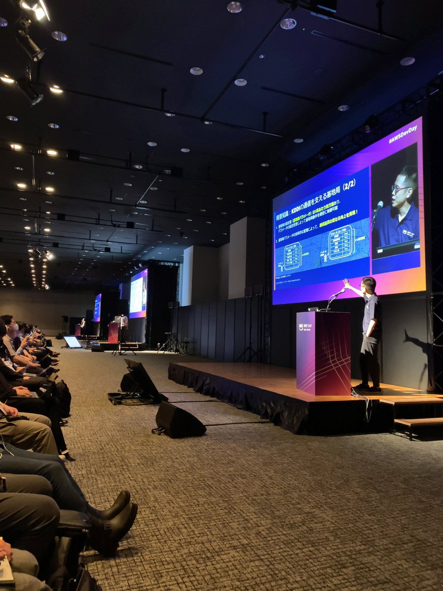 t_wada's tweet image. 会場のスピーカーからは音を出さず各席に設置されたレシーバーにつないだイヤホンからの音声のみにすることで、壁を作らずとも大会場のままで3セッションを並べられるサイレントセッション。隣のセッションの音はほぼ聞こえず、最後の拍手だけよく聞こえる。なるほど不思議な体験 #AWSDevDay