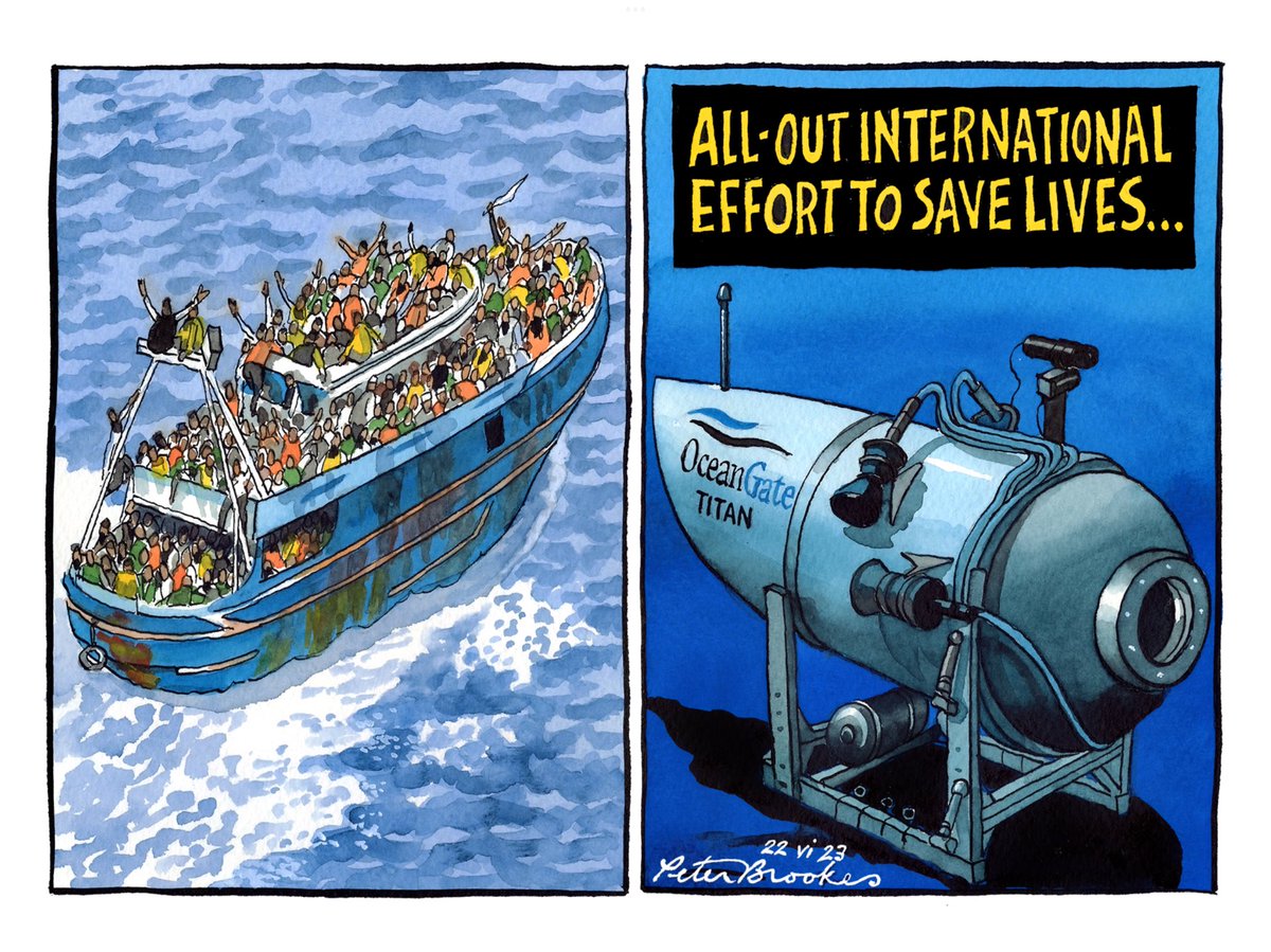 My cartoon Thursday @TheTimes on contrasting efforts to save Iives at sea……#TitanicRescue #GreeceBoatDisaster