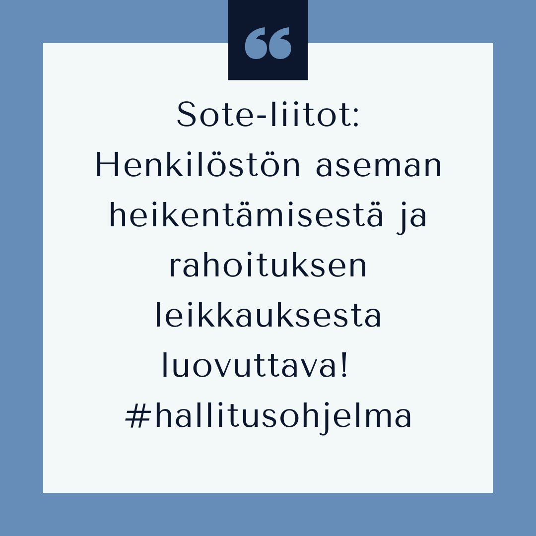Sote-liitot: Henkilöstön aseman heikentämisestä ja rahoituksen leikkauksesta on luovuttava. tyoterveyshoitajat.fi/sote-liitot-he… #hallitusohjelma #sote #työmarkkinat
