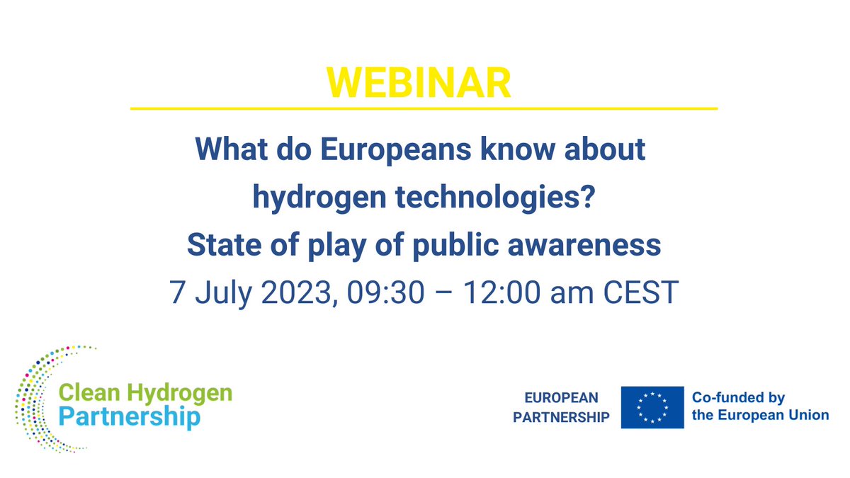 What do Europeans know about hydrogen technologies? 
Join our #webinar on 7 July, ⏰9:30 am CEST to find out the results of our public opinion study and discuss #hydrogen #awareness #acceptance #uptake.
✅tinyurl.com/4n223thn