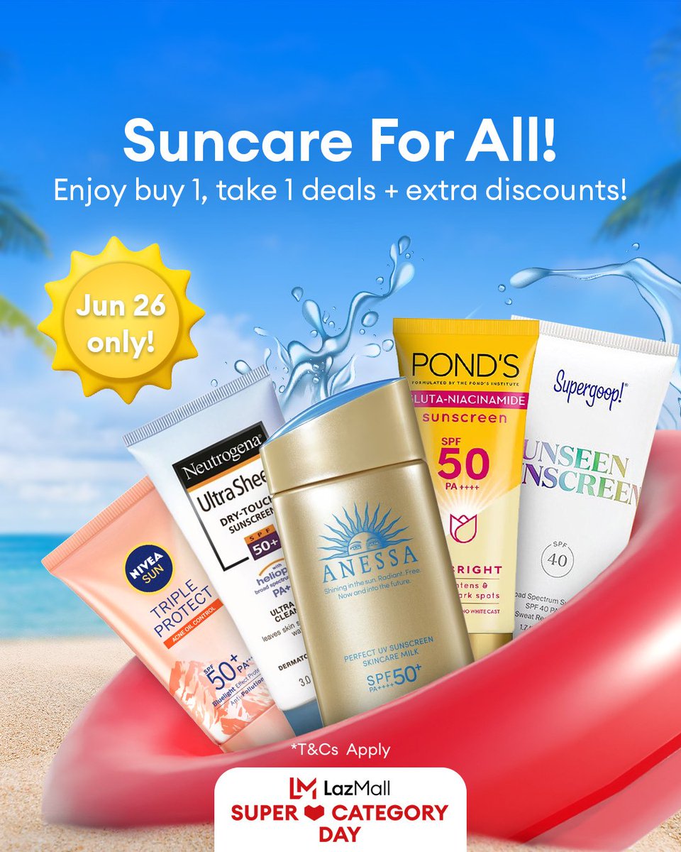 Repeat after us: ✨"Every day is skin suncare day!"✨

Enjoy up to 50% off on your favorite #SuncareOnLazMall brands when you shop at the #SuncareSuperCategoryDay happening on June 26 only!

Hurry, add to cart your must-have suncare products now lzd.co/SuncareSuperCa…

#LazadaPH