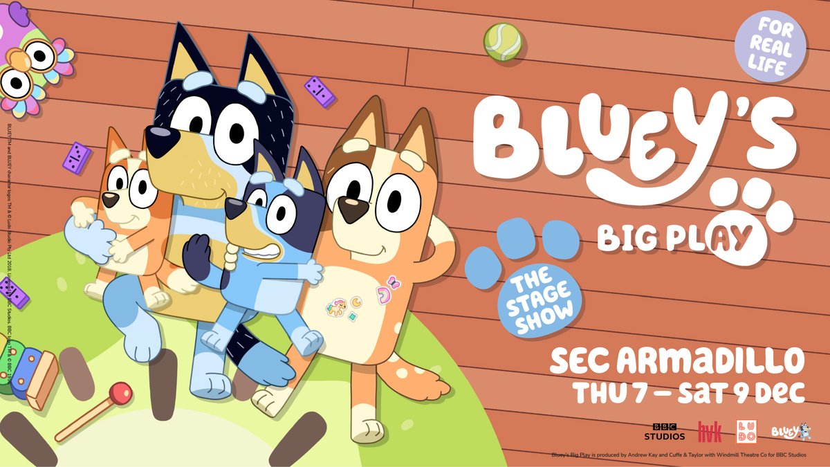 ANNOUNCED 📣

@OfficialBlueyTV is bringing #BlueysBigPlay to the SEC Armadillo on 7-9 Dec 2023!

This is Bluey as you've never seen it before; brought to life by brilliantly created puppets, and original story, + new music!

On sale 10am, Fri 30 June ➡️ bit.ly/3CAJpvx