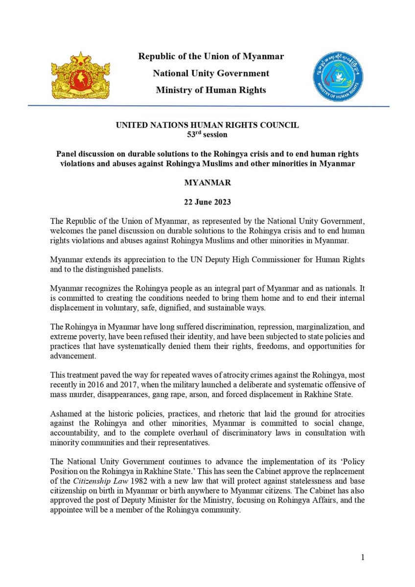 mohr_nug's tweet photo. UNITED NATIONS HUMAN RIGHTS COUNCIL
53rd session
Panel discussion on durable solutions to the Rohingya crisis and to end #human_rights #violations_and_abuses_against #Rohingya_Muslims and other #minorities in #Myanmar
22 June 2023
For more information : https://t.co/Rbm9n3ne3G https://t.co/zjlVpHQyk8