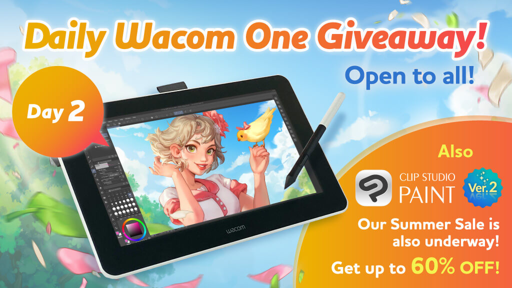 One person will win a Wacom One every day! Just follow & RT this post to enter. Open to all! Today is day 2! 5 more chances! Our Summer Sale is also underway! Get up to 60% off on Clip Studio Paint Ver. 2! Ends June 27, 8:00 a.m. UTC.  
Details: clipstudio.net/promotion/give…