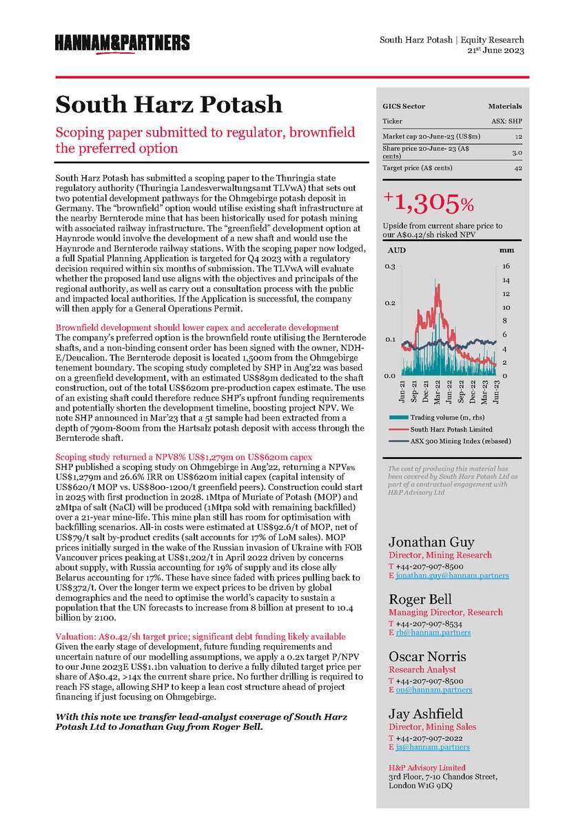 New #researchreport from H&P released on $SHP. It details our Scoping Paper permitting submission of two potential development pathways for the Ohmgebirge #potash deposit, including our preferred capital-saving brownfield route through existing shaft. bit.ly/3NKyGoM