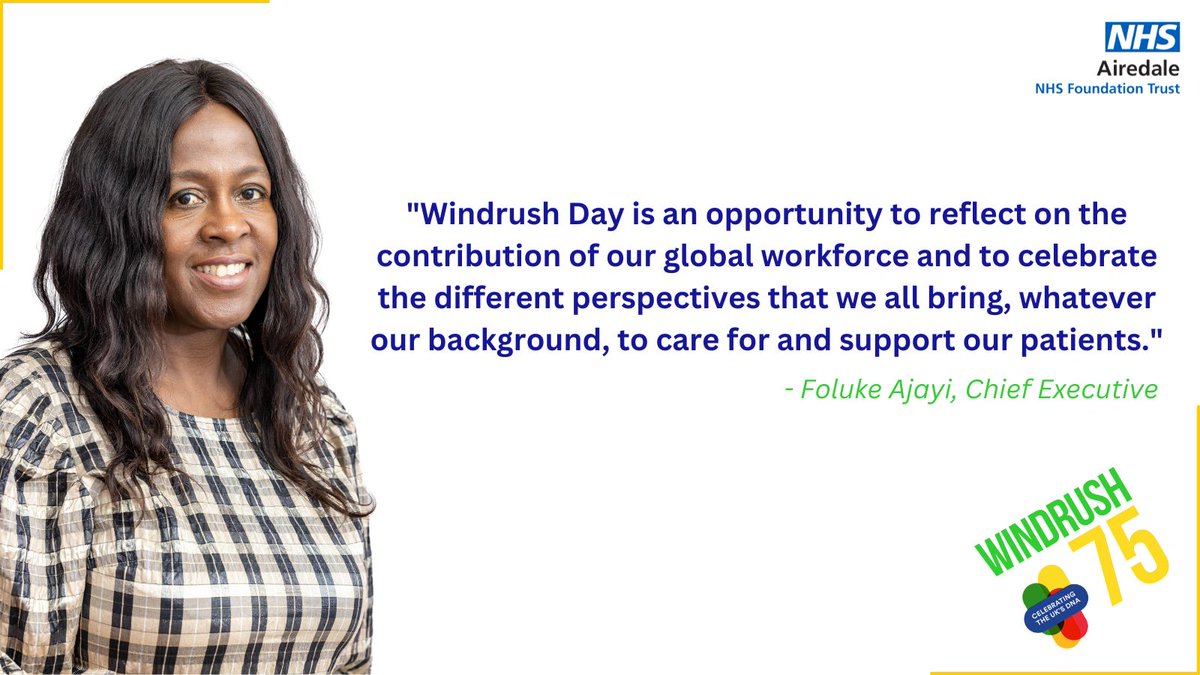 Airedale Hospital (@airedalenhsft) on Twitter photo Today marks 75 years since Windrush passengers arrived at Tilbury Docks.
To commemorate the Windrush generation's vital contribution to the NHS, we're proudly flying the Windrush flag at the Airedale General Hospital site.
#WindrushDay
<a href="/FolukeAjayiNHS/">Foluke Ajayi</a> Today marks 75 years since Windrush passengers arrived at Tilbury Docks.
To commemorate the Windrush generation's vital contribution to the NHS, we're proudly flying the Windrush flag at the Airedale General Hospital site.
#WindrushDay
<a href="/FolukeAjayiNHS/">Foluke Ajayi</a>