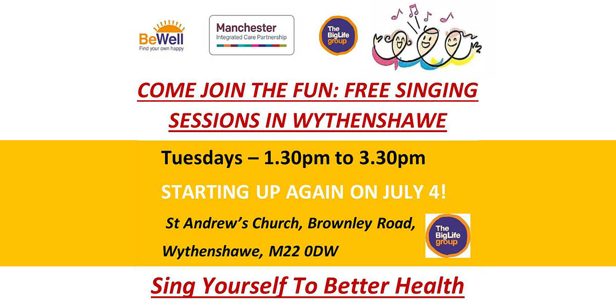 Sing Yourself To Better Health starts on Tuesday 4 July, 1.30-3.30pm at St Andrew's Chruch, Brownley Road. 🎶 Sing together, smile together, have fun, improve your health & wellbeing for FREE. 😃🎶 Email martinpurdy@talktalk.net for more info. #localmatters #lovewythenshawe