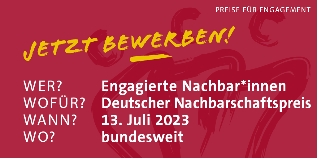 🏘️🤝 Mit dem #DeutscherNachbarschaftpreis zeichnet <a href="/nebenanStiftung/">nebenan.de stiftung</a> Menschen aus, die sich mit innovativen Projekten für ihr Viertel und ihre Nachbar*innen einsetzen. Alle Infos: nachbarschaftspreis.de