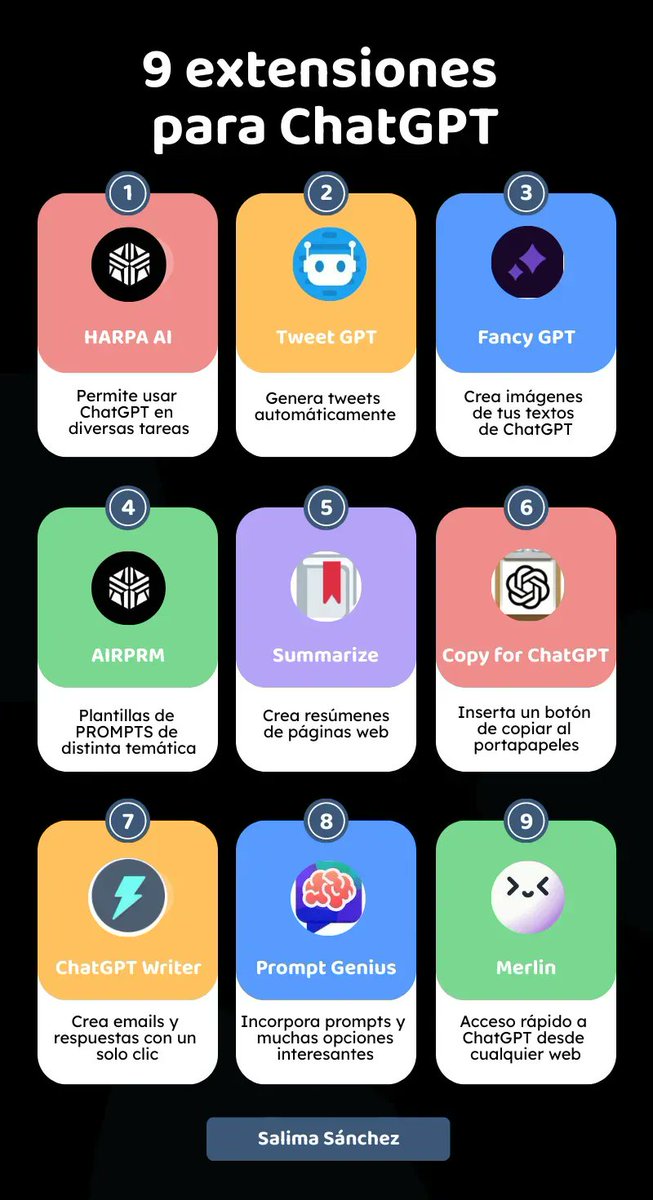 SalimaSanchez's tweet photo. ⛔ 9 extensiones para sacarle aún más partido a ChatGPT

Ya sabemos que ChatGPT puede ayudarnos a ahorrar mucho tiempo 😏 

Pero, si instalas estas extensiones, podrás optimizarlo aún más 🙌 

Dime, ¿conoces alguna? 👇 

#ChatGPT #inteligenciaartificial https://t.co/jjr0uAsZxU