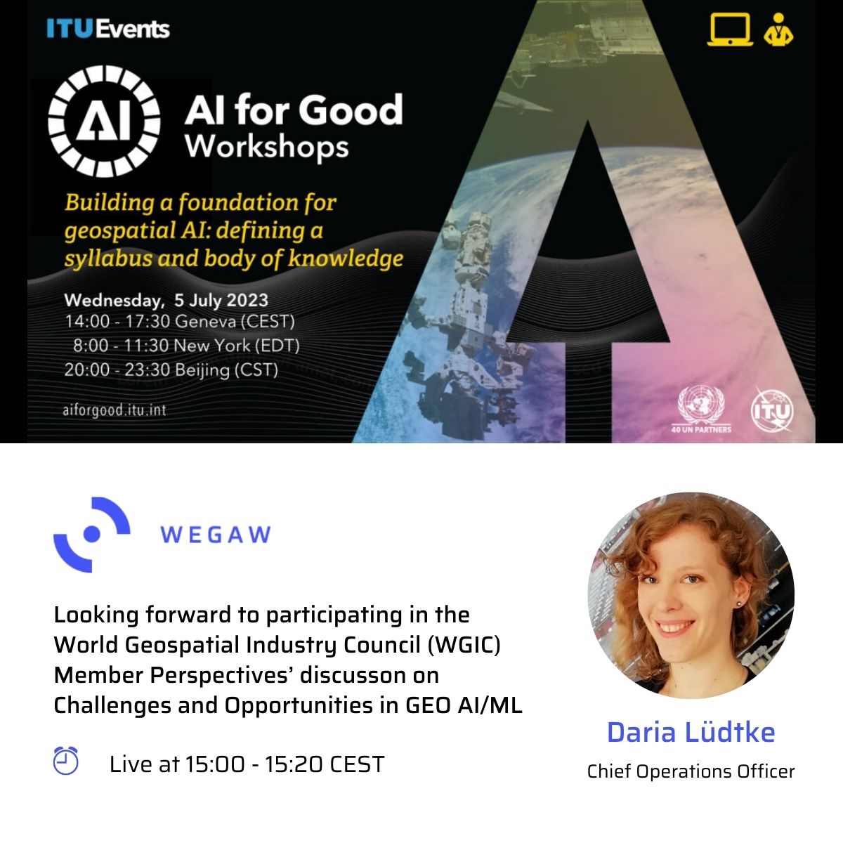 Wegaw (@we_gaw) on Twitter photo 🛰️ Excited to share that Wegaw is participating in <a href="/UN/">United Nations</a> <a href="/ITU/">Int’l Telecommunication Union</a> <a href="/AIforGood/">AI for Good 🇺🇳 #AIforGood</a> on July 5th from 3pm (CEST). Our COO, Daria Lüdtke will join GeoAI thought leaders in the World Geospatial Industry Council (WGIC) Member Perspectives’ on Challenges and Opportunities in GEO AI/ML #aiforgood 🛰️ Excited to share that Wegaw is participating in <a href="/UN/">United Nations</a> <a href="/ITU/">Int’l Telecommunication Union</a> <a href="/AIforGood/">AI for Good 🇺🇳 #AIforGood</a> on July 5th from 3pm (CEST). Our COO, Daria Lüdtke will join GeoAI thought leaders in the World Geospatial Industry Council (WGIC) Member Perspectives’ on Challenges and Opportunities in GEO AI/ML #aiforgood