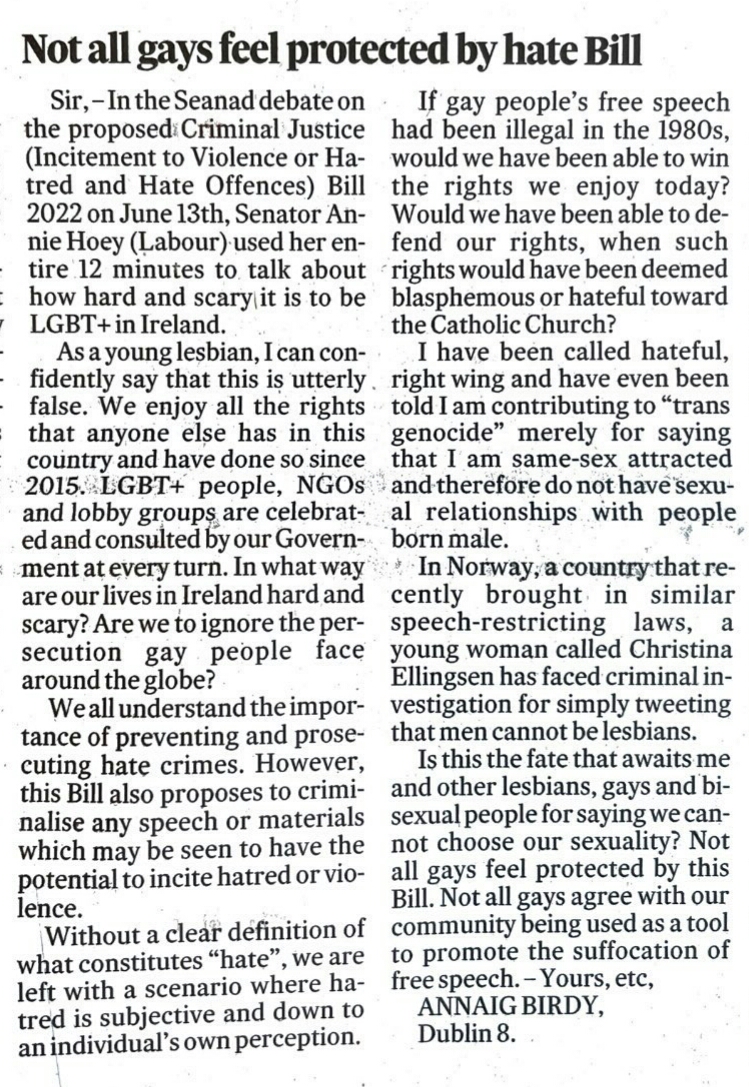 "Is this the fate that awaits me and other lesbians, gays and bisexual people for saying we cannot choose our sexuality? Not all gays feel protected by this Bill. Not all gays agree with our community being used as a tool to promote the suffocation of free speech."  <a href="/IrishTimes/">The Irish Times</a>