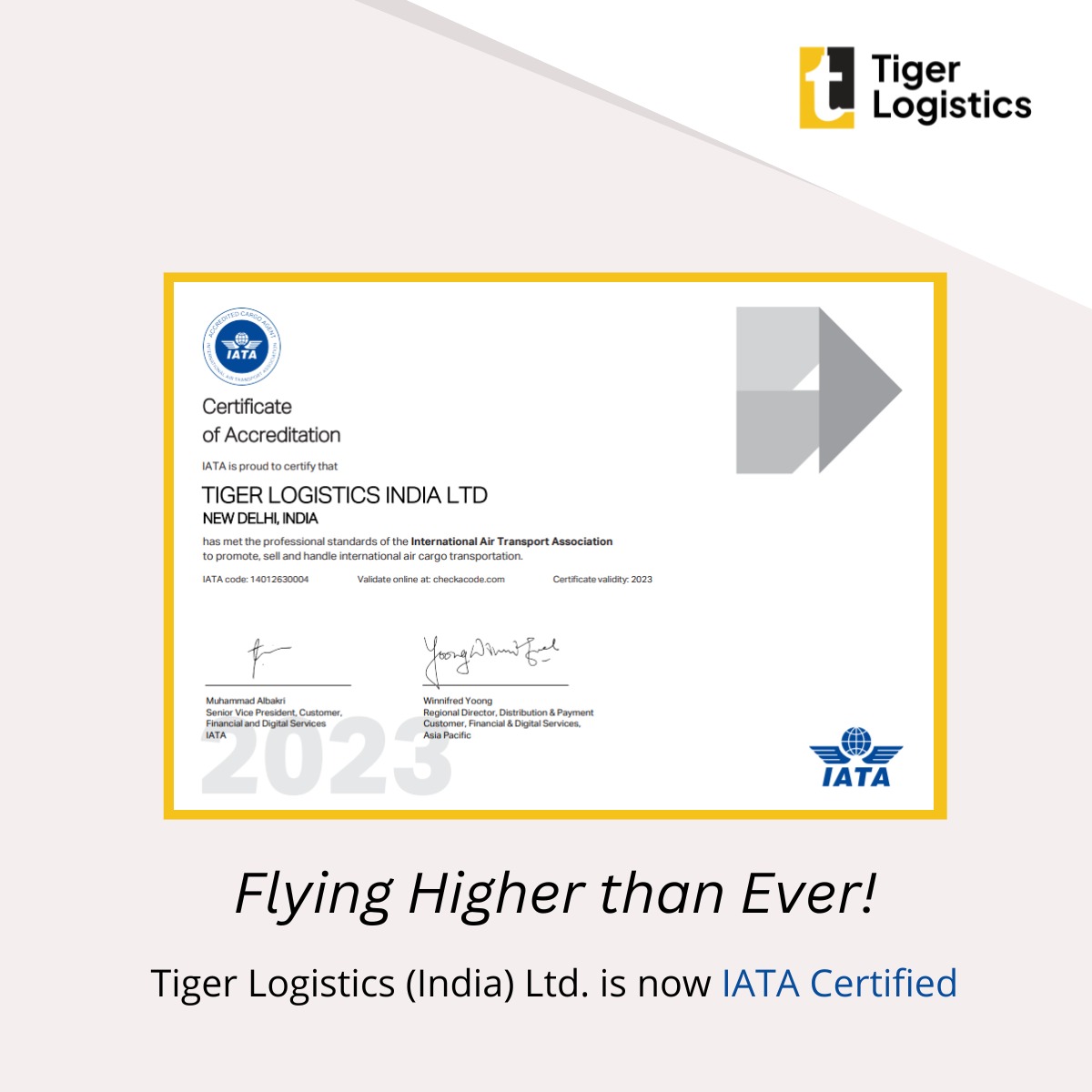 We are delighted to announce that Tiger Logistics has been granted a Certificate of Accreditation💻 from the International Air Transport Association (@IATA). 

#TigerLogistics #freightforwarding #freightforwarder #logisticsssolution #Freightbooking #Freightmanagement