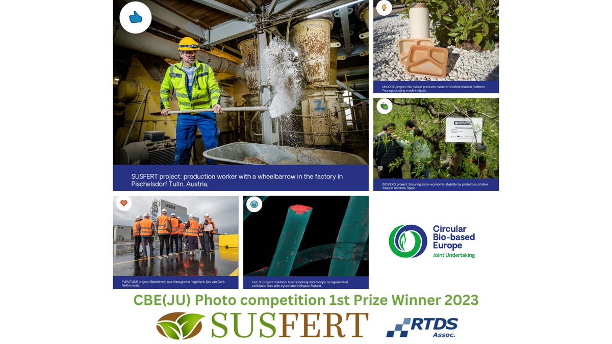Congratulations to fellow @RTDS_Group project @SUSFERT_BBI on #winning the @CBE_JU Photo Competition! Well done to @UNLOCK_BBI @PLENITUDE_BBI & @eu_grete for great efforts! #together #SustainableFuture #biobased #Europe @HorizonEU @EU_Commission @biconsortium 💚👩‍🔬🧑‍🌾🌱🔬🇪🇺💚