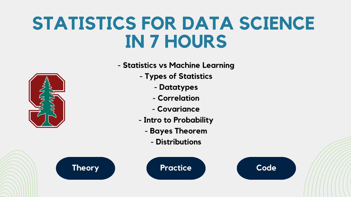 Free Statistics for Data Science Course by Stanford! 

You don’t need to spend a fortune to learn DS. 7 hours of pure gold on YouTube. 

Find the link below 🔽

Here is what is included:

- Statistics vs Machine Learning
- Types of Statistics
- Datatypes
- Correlation
-…