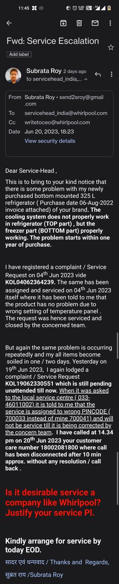 send2sroy's tweet photo. Poor service quality from #whirlpool# https://t.co/DzLLEqAGGe