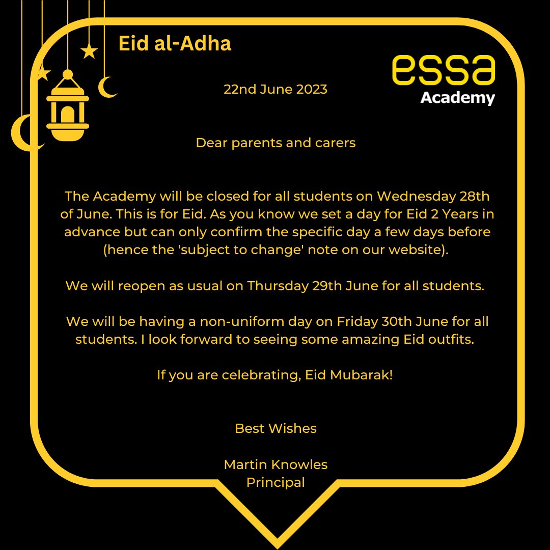Please read the following notice regarding the upcoming Eid al-Adha.

Eid Mubarak to all celebrating Eid al-Adha!  🤲 #EidalAdha #schoolclosure #celebration #eidmubarak #cultureday
