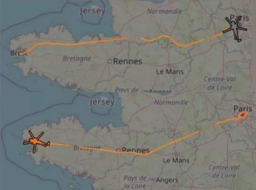 Vous étiez choqués par le trajet de 20km en helicoptere, qui a émis ~210kg de CO2 ? Plus grave : l'hélicoptère est basé à Brest, et a donc fait l'aller-retour pour le président. Bilan : plus de 3 tonnes de CO2.