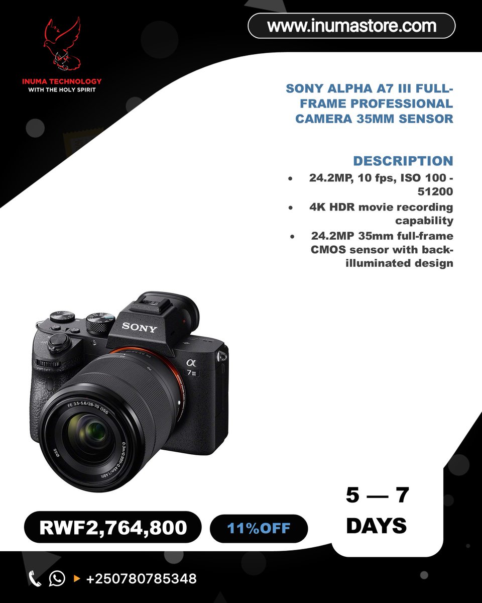 InumaTechnology's tweet image. #RwOT 
Perfection for all. Everything you need.

Meet Alpha 7 III 

It gives you the power, precision, and flexibility to capture once-in-a-lifetime moments just as you like.

You can order it from Amazon.com at inumastore.com. Delivery is within 5–7 days.