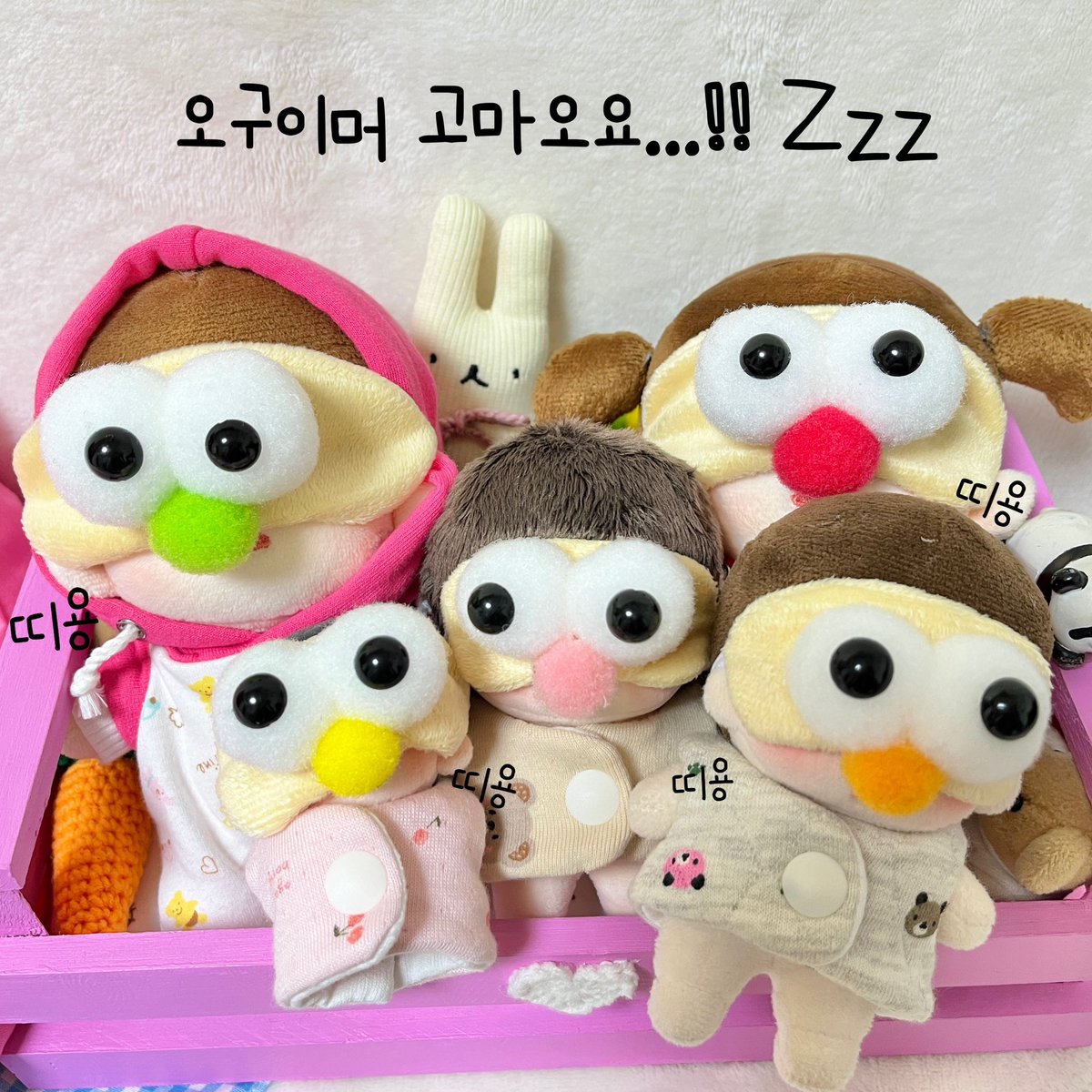 오구이머가 귀여운 선물들을 보내줬어요👀🩷
ㅋㅋㅋㅋㅋㅋㅋ다같이 씌어 놓으니까 너무 웃기고 너무너무 귀여움!!!!🤣 
다들 자는거 맞습니다...??👀👀👀👀👀

#짼뭉이 #뭉심이 #밤톨시은 #초코셍이 #동자셍