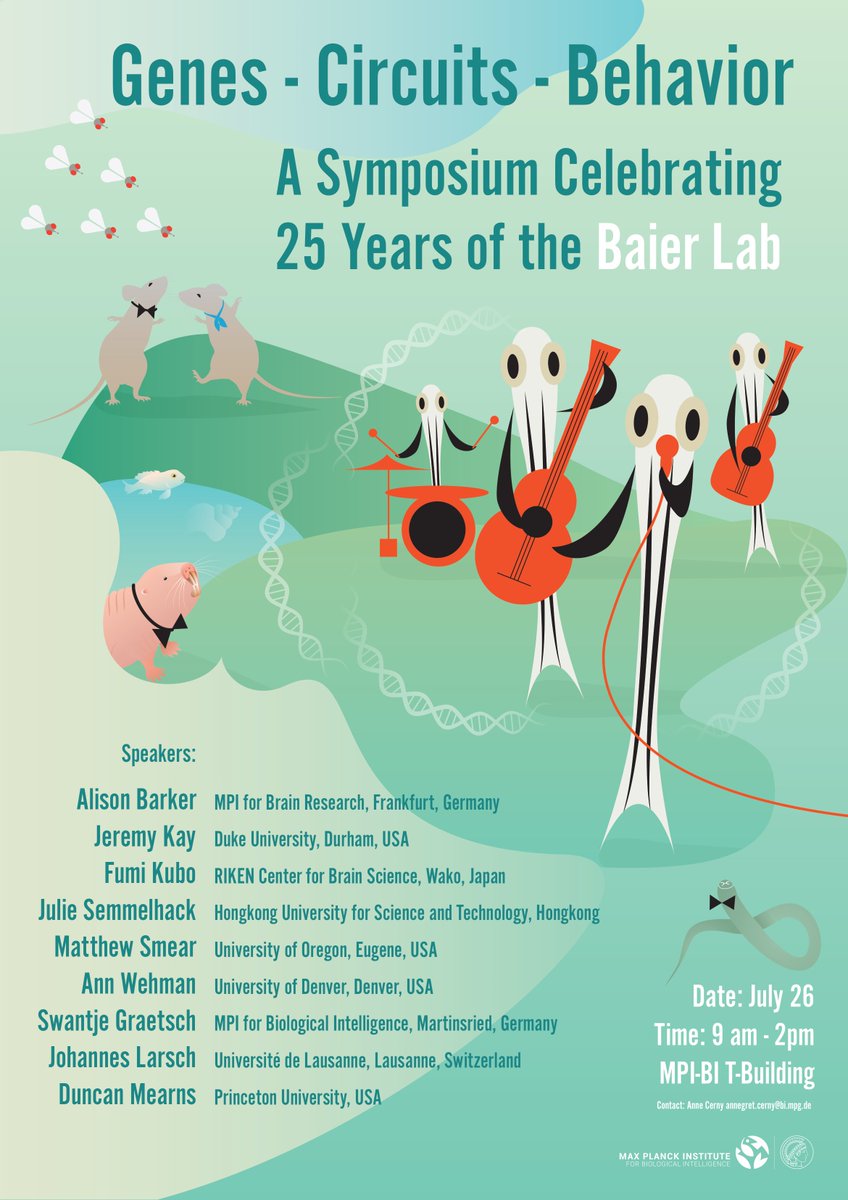 The Baier Lab turns 25, and we like to invite you all to a scientific symposium to celebrate this with exciting talks from alumnae and alumni! The symposium is open for everyone. No registration required. See you on July 26th!

@filodelbene @alison_j_barker @MpiBrain @jnk_lab