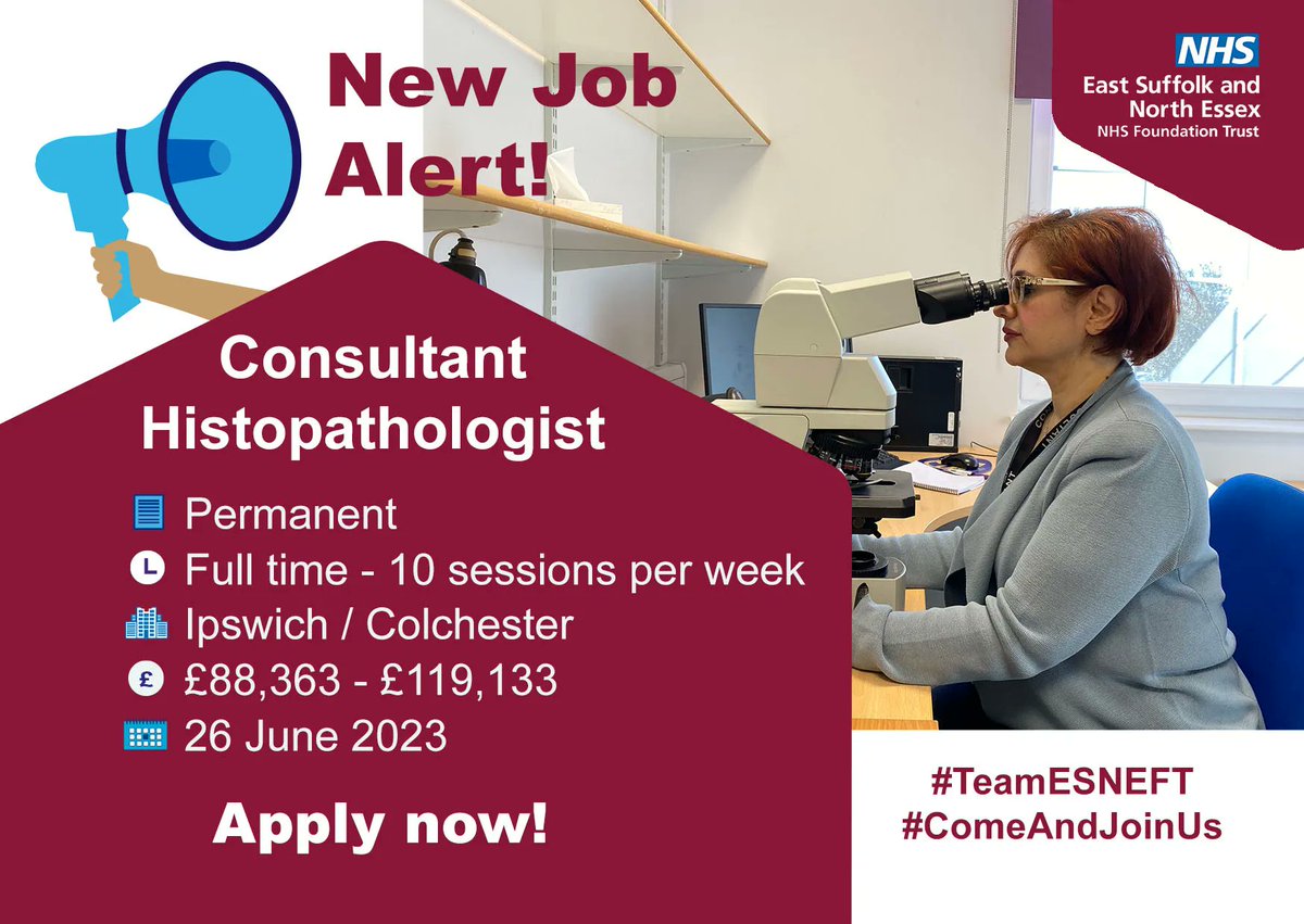 Our Consultant role for #PathologyWeek is for a Consultant #Histopathologist to be at the heart of our forward thinking services! #TeamESNEFT #ComeAndJoinUs 👇👇👇

💻 Apply here: buff.ly/3CuWgiU 

@RCPath #NHS #NHSJobs #TimeToShine #NHSHeroes #PathologistsAndPatients