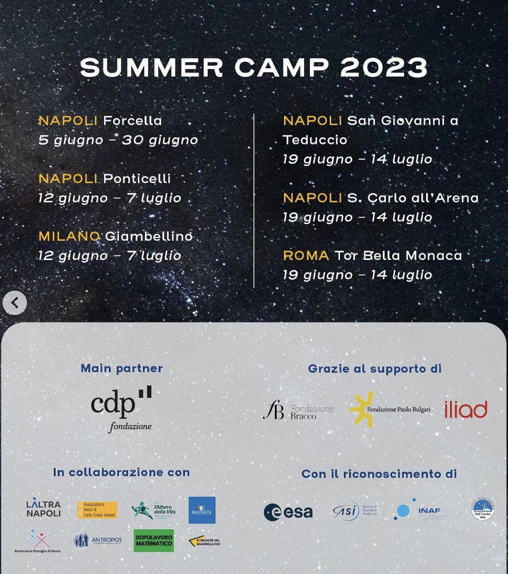 I summer camp de @CieloItinerante a #Napoli, #Roma e #Milano. instagram.com/p/CtrOSO1sx-v/… #OperazioneCielo #Forcella #SanGiovanniATeduccio #Ponticelli #SCarloAllArena #Giambellino #TorBellaMonaca