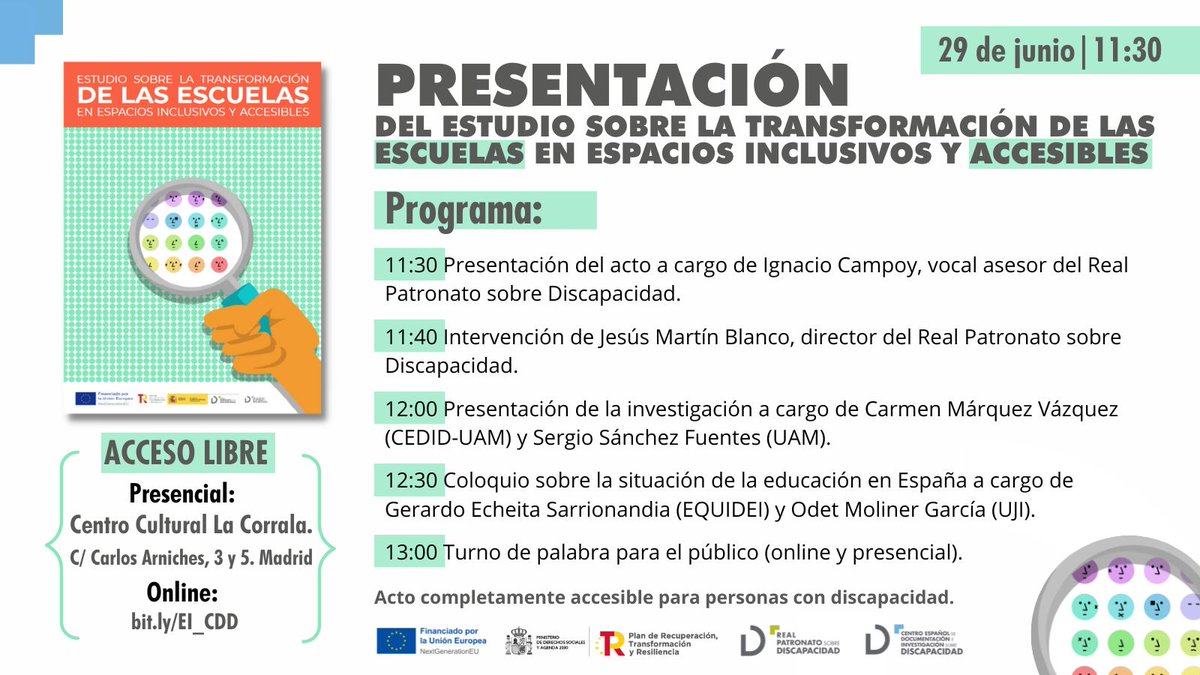 El próximo 29 de junio tienes una cita a las 11:30h en el Centro Cultural de la Corrala de la UAM para la presentación del estudio sobre escuelas inclusivas y accesibles. 
Presencial y online: bit.ly/EI_CDD 
¿Te lo vas a perder?
@ccarmen_marquez @ssfuentes @CEDID_dis