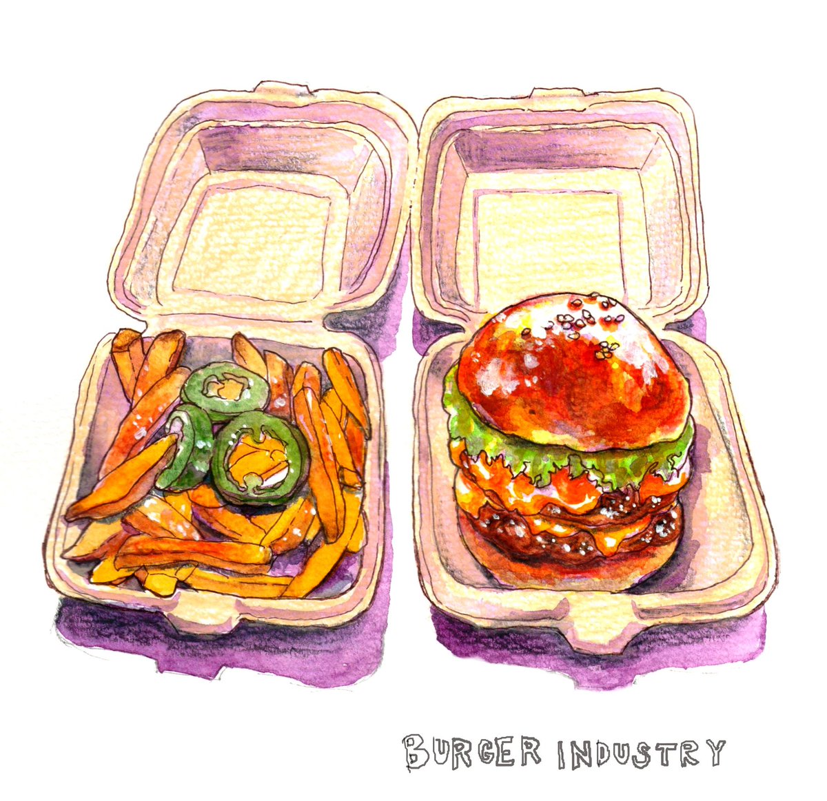 「ジューシーなハンバーガーを食べた。ポテトに乗ってるハラペーニョピクルスが良い辛さ」|ナカイタエ(旧たぁぽ)のイラスト
