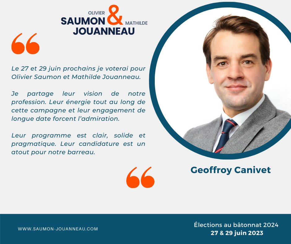 Derrière un binôme il y a des soutiens, indispensables à notre travail d'équipe pour #AGIR, informer, guider, soutenir !
Merci à tous et merci à <a href="/GeoffroyCanivet/">Geoffroy CANIVET</a>  !
Retrouvez nos soutiens sur notre site : saumon-jouanneau.com

#Batonnat2024
#saumonjouanneau