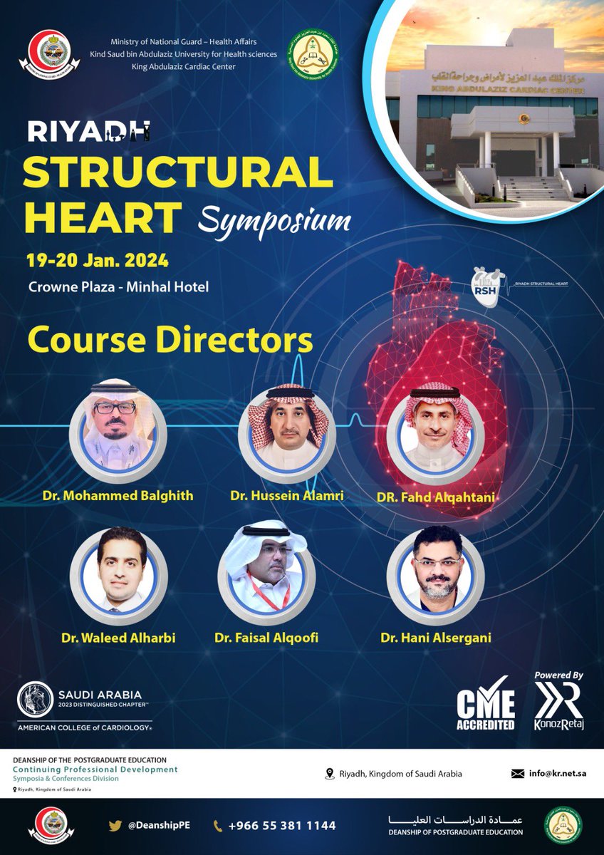 *️⃣Congratulations for the nomination of course directors for RSH *️⃣Excellent operators and experts in Structural heart disease in Saudi Arabia ➡️6 Cardiac centers 👍🇸🇦👍@MDT_StructHeart @EdwardsLifesci @BSC_EU_Heart @AbbottNews @AbbottCardio @MBalghith @Hragy @mmamas1973