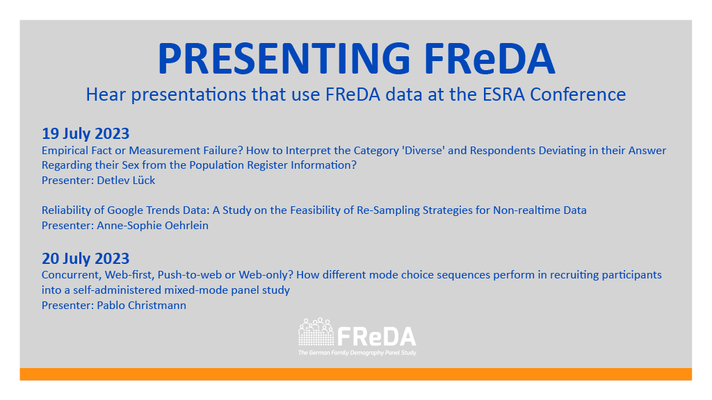 In July, several members of the #FReDA team will be presenting at the #ESRA23 in Milan! For those attending, make sure to attend their sessions to hear about the research being done with FReDA data. Or talk to them during the breaks to learn more about our study!