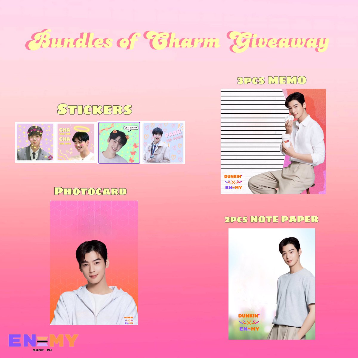ENMY_shop's tweet photo. ִ⭒.𖥔 ݁ ˖Bundles of CHArmִ⭒.𖥔 ݁ ˖

ִ ࣪𖤐CHA EUNWOO FANMEET GIVEAWAYִ ࣪𖤐

⭒to claim follow us &amp; must present proof to claim
⭒location&amp;time: TBA on JUL. 02
⭒like &amp; rt to spread

#ChaEunWooDunkinPH #DunkinPHBundlesofCHArm #DunkinPHxChaEunWoo https://t.co/CKvJ08lhls