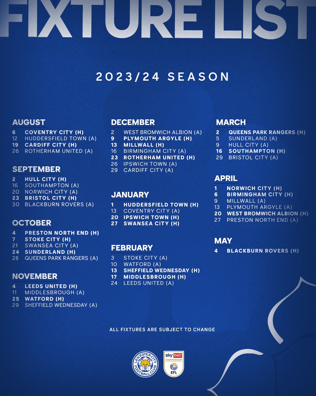 Leicester's Championship fixtures: Full 2023-24 schedule and dates - The  Athletic
