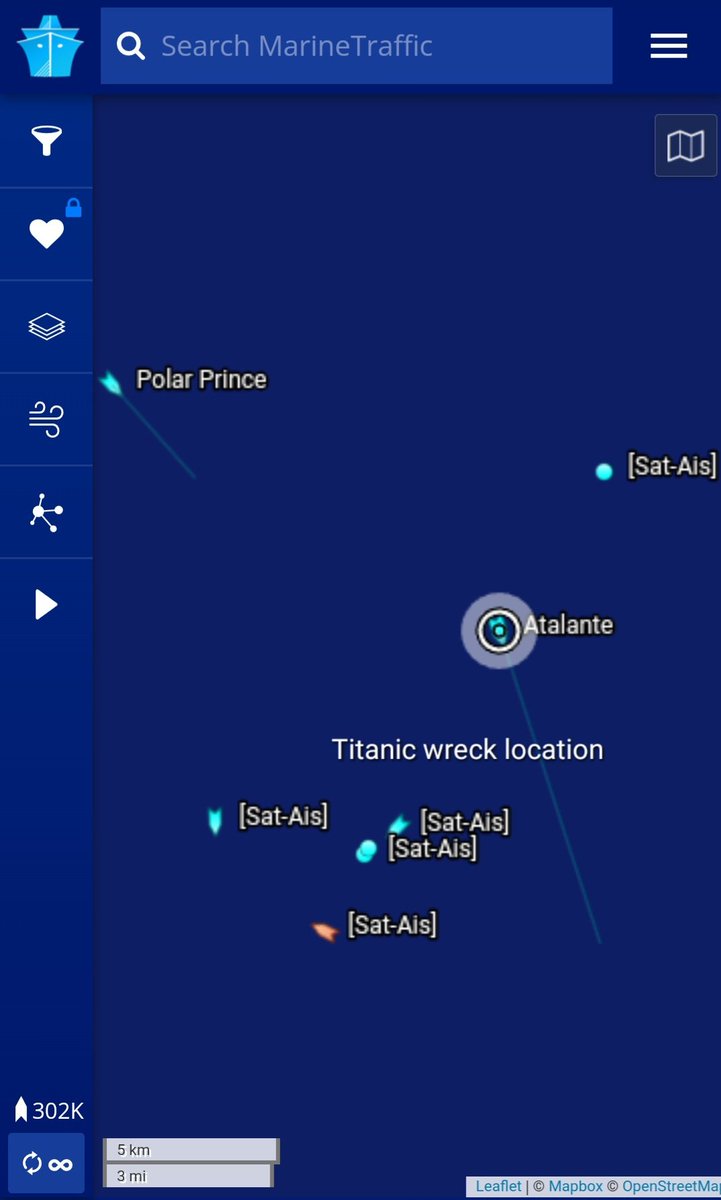 #Atalante Is still cruising at 10kts heading south to be on top of the #Titanic wreck.

#PolarPrince has operated a u-turn and is heading South-West at roughly 3.5 kts.

Hopefuly the beginning of operations to lower #Victor6000  and find #Titan
