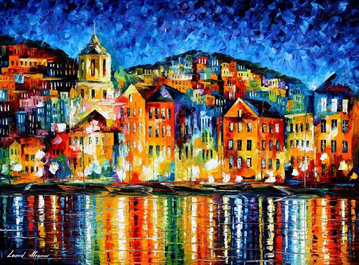 NIGHT TOWN AT THE HARBOR — PALETTE KNIFE Oil Painting On Canvas By Leonid Afremov