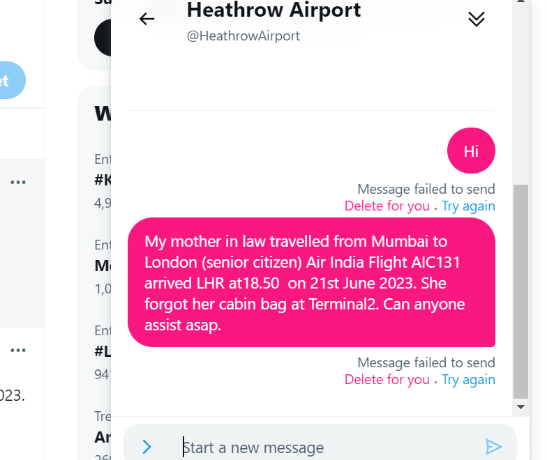 SapnaRege's tweet photo. @HeathrowAirport Thank you. I contacted my airlines and they said I need to contact the airport staff. Please can you assist. We need the bag urgently. https://t.co/nzmZ5oWkYj