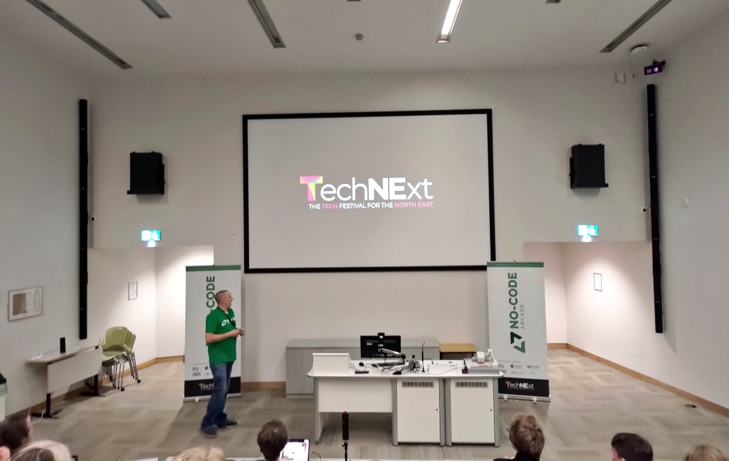 Today I'm at the #NoCodeArcade, part of the #TechNExt23 Festival, at @NorthumbriaUni. Hoping to learn more about no code and how communities can use this!

Starting off with an intro from @adshill and our first talk is from @JessBuildsTech...