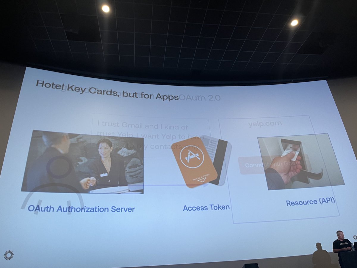 'Could you explain OAuth in plain words?' The great ⁦@mraible⁩ helping you to answer a common interview question using hotel key cards, in the last day of ⁦@jcon_conference⁩ #OAuth #jcon2023