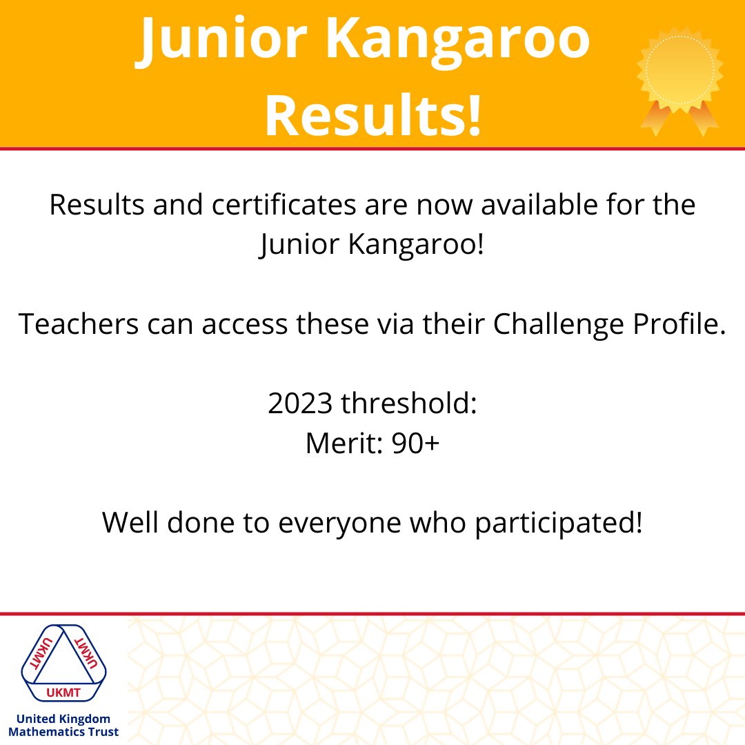 UKMathsTrust's tweet photo. Results and certificates are now available for the Junior Kangaroo 2023! 

Well done to all who took part! 🎉

#JuniorKangaroo #UKMT #Results https://t.co/w2xhGIXzjN