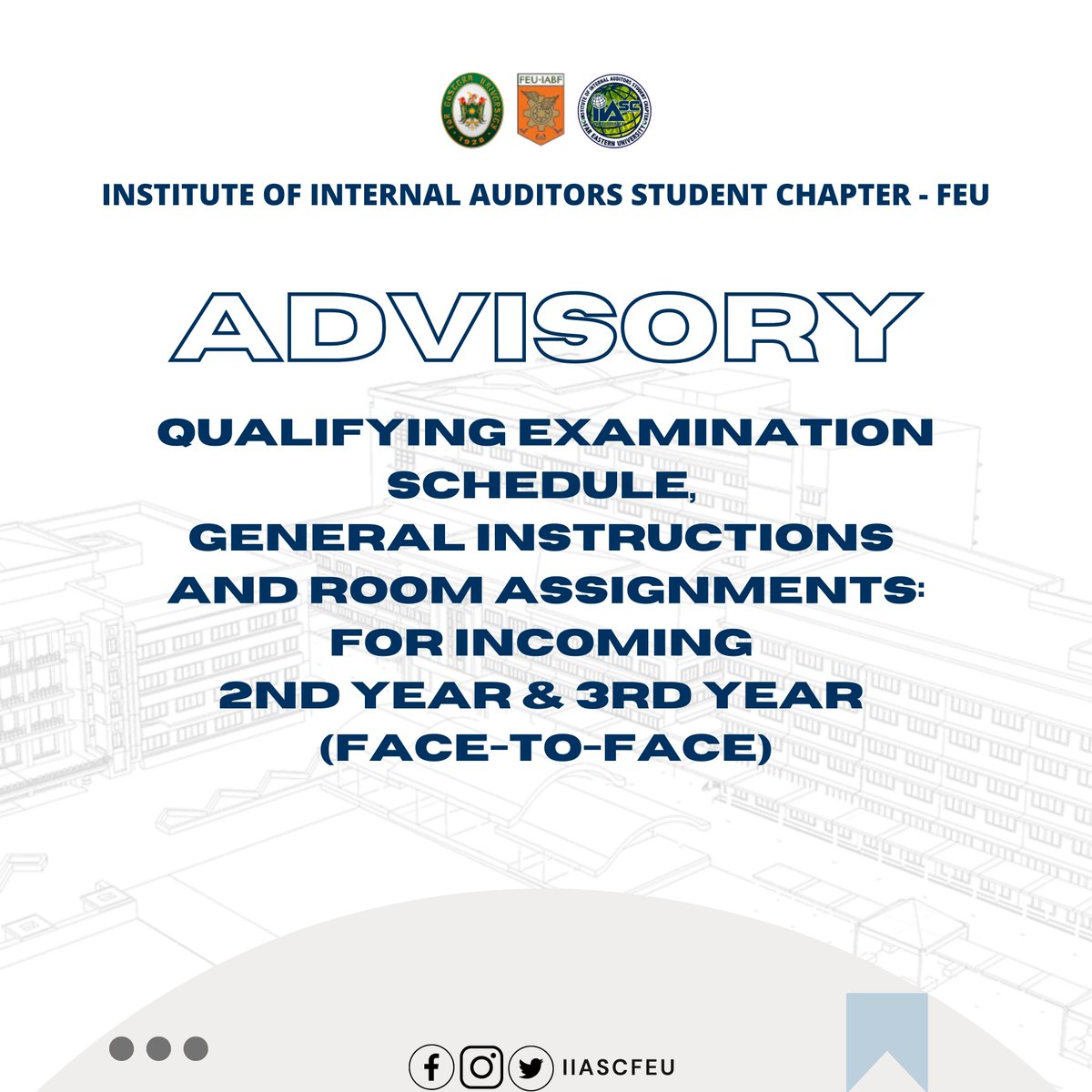 iiascfeu's tweet photo. Eyes here, BSAs.

For the incoming 2nd and 3rd year Bachelor of Science in Accountancy Students' Qualifying Examinations that will be administered on June 30, 2023, please be guided by the following general instructions and room assignments below.

1/n https://t.co/mHGsAY60Ip