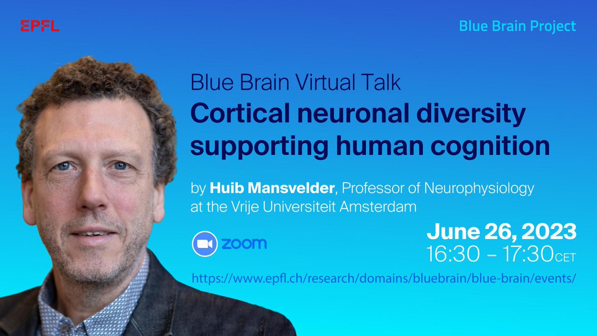 Why do some people think faster than others? Don't miss this @BlueBrainPjt Virtual talk - June 26th Prof. Huib Mansvelder - Cortical Neuronal Diversity Supporting Human Cognition Find out more and join via – buff.ly/43Tew1o #neuroscience