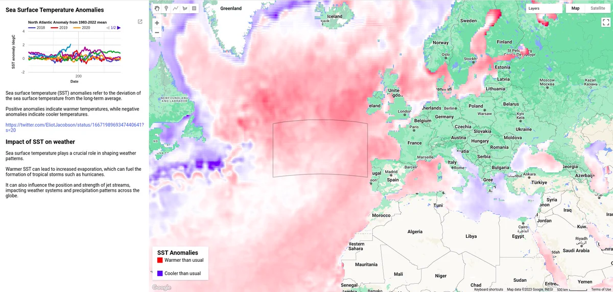 Picture of the app with a sidebar of information and a world map showing SST anomalies in red and blue colormap.