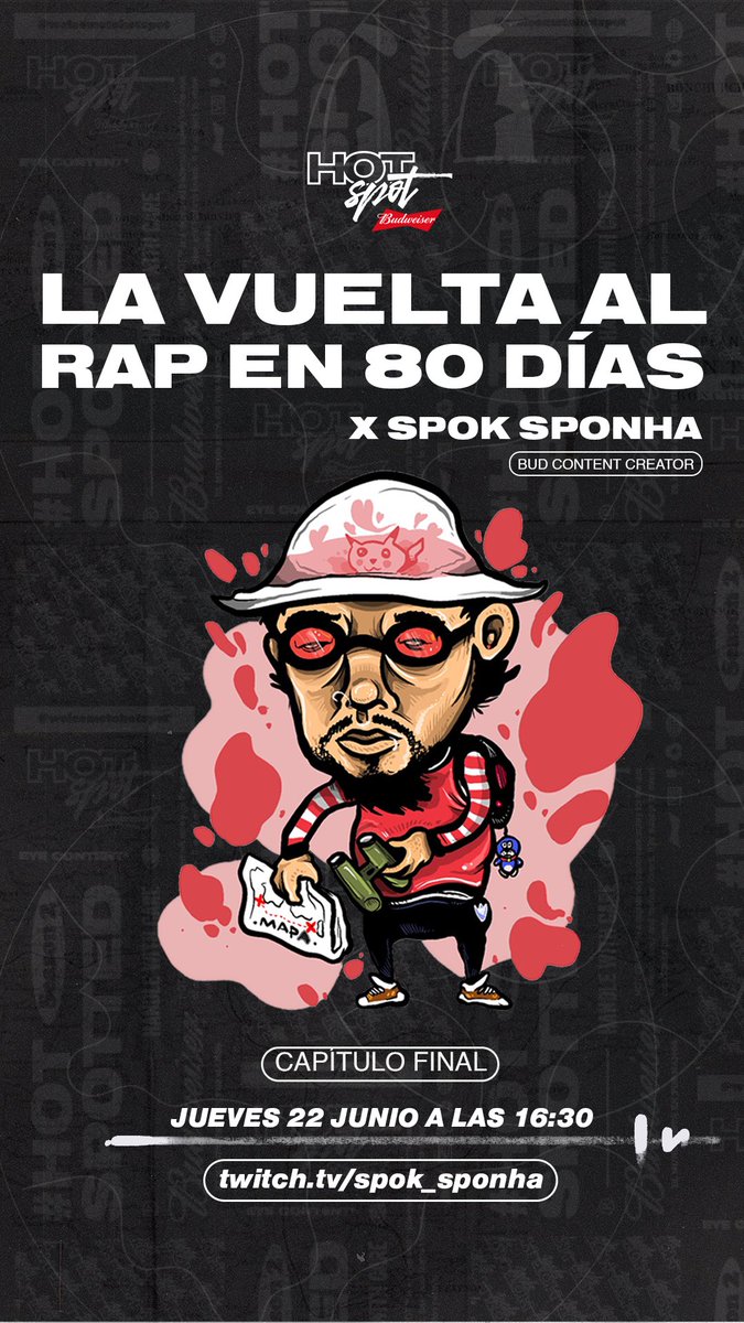 🗓️Hoy capítulo final de las aventuras de <a href="/spoksponha/">SpokSponha</a> en #LaVueltaAlRapEn80Dias

Haremos un repaso de #HotSpotLive 2 desde la visión de Spok siempre acompañado de risas y frees.

🕟A las 16:30... #WelcomeToHotSpot desde twitch.tv/spok_sponha 

🍻Partner in crime <a href="/Budweiser_es/">Budweiser Spain</a>