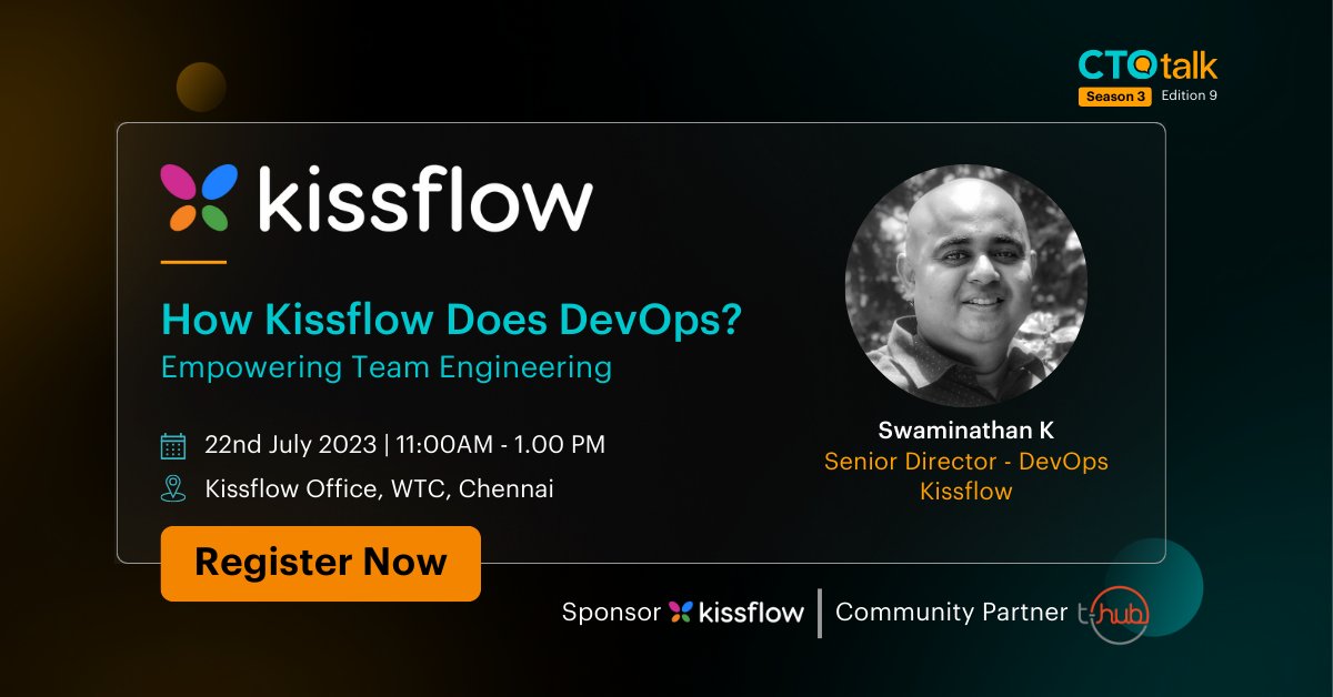 thectotalk's tweet image. 🚨 #CTOtalk is happening in #Chennai! This time with @kissflow - leading #SaaStech

Get ready for an #DevOps deepdive by Swami K, Sr. Director - DevOps, #Kissflow

Seats filling fast, block yours now: bit.ly/3qY6Hcd

#tech #engineering #techtalk #techcommunity #SaaS