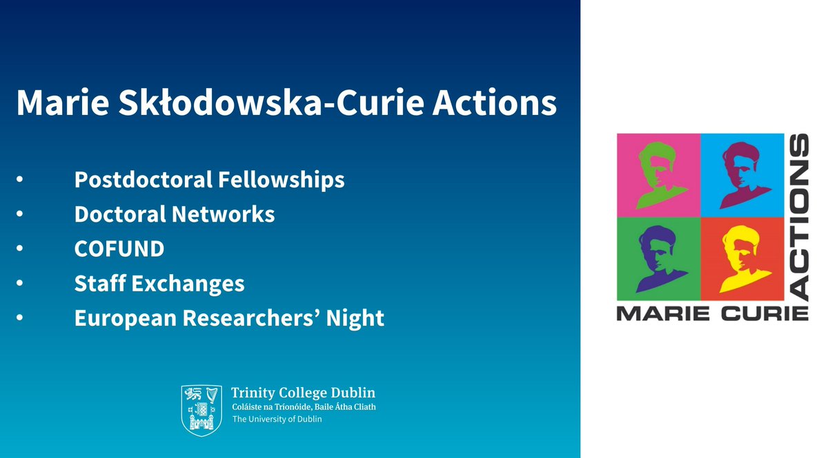Trinity_RDO's tweet image. Are you interested in applying to @MSCActions with @tcddublin as a host institution? Get in touch with research.office@tcd.ie for a proposal development and application support package. #TrinityResearch #MSCA